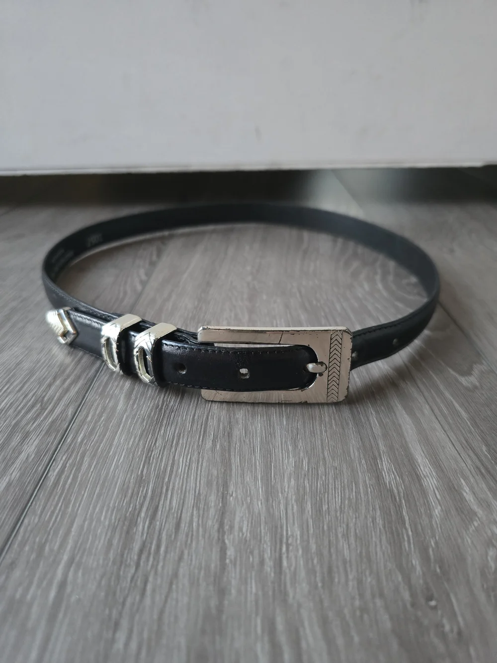 Another Line Vintage Black Leather Western Silver Buckle Skinny Belt Size 30 USA